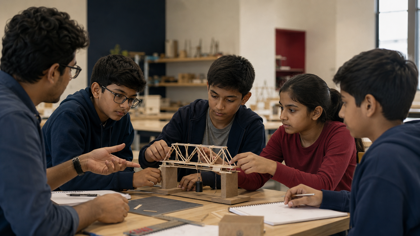 Students and a facilitator testing a handmade bridge prototype in a Makeon-style studio