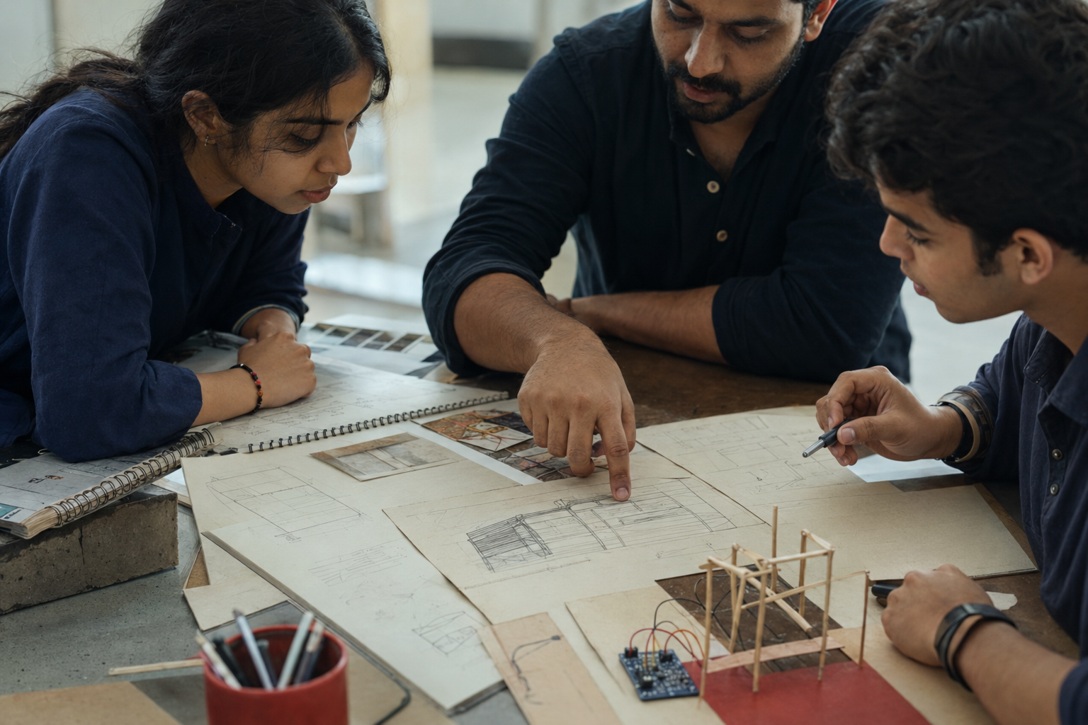 Students and a mentor reviewing sketches, measurements and prototype evidence